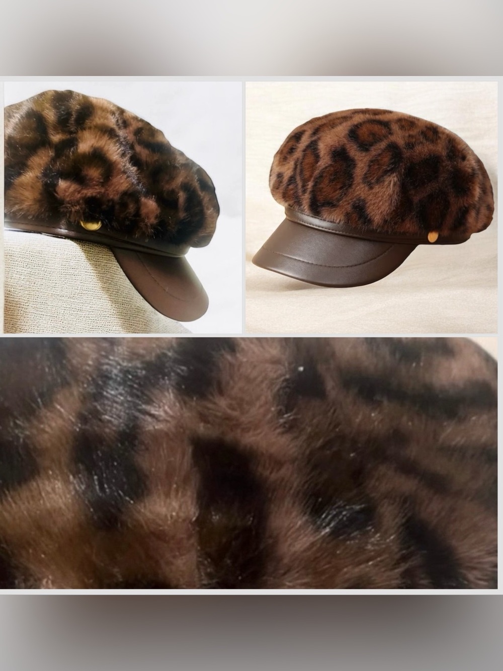 Faux Fur Leopard Print Newsboy Cap - Brown
